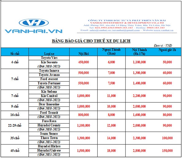 Bảng giá thuê xe tại công ty Vân Hải