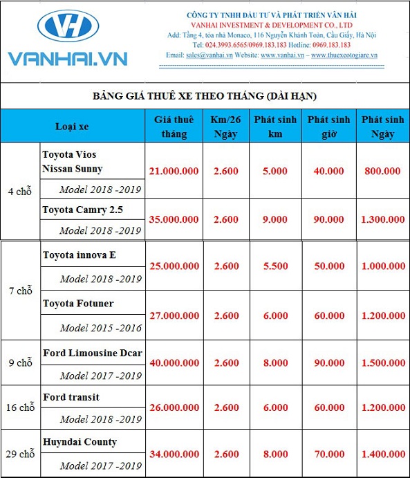 Bảng giá cho thuê xe theo tháng của công ty Vân Hải
