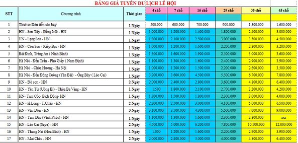 Bảng giá cho thuê xe du lịch mùa lễ hội của công ty Vân Hải