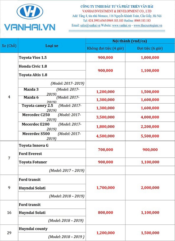 Bảng giá cho thuê xe cưới giá rẻ tại công ty Vân Hải
