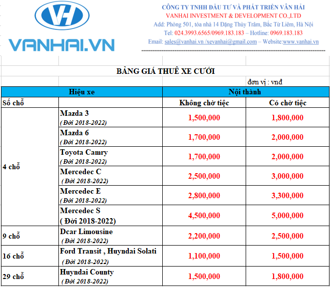 Bảng giá cho thuê xe cưới giá rẻ nhất tại Hà Nội 