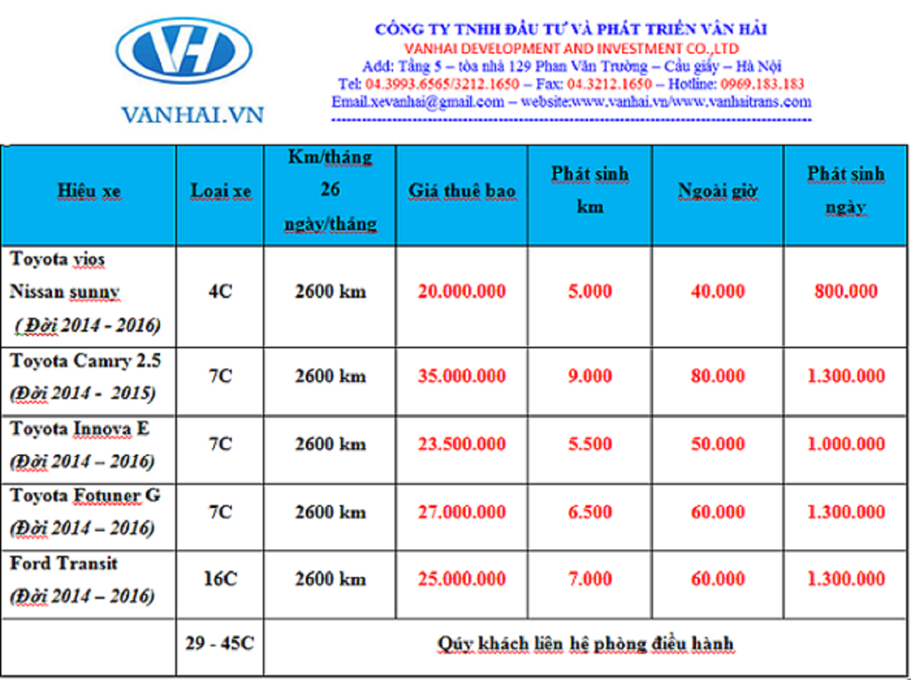 Bảng giá thuê xe 16 chỗ theo tháng của Vân Hải