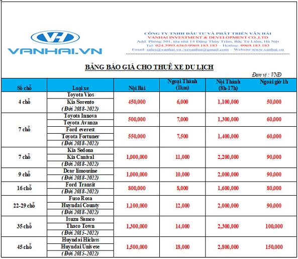 Bảng giá cho thuê xe giá rẻ tại Hà Nội của Vân Hải