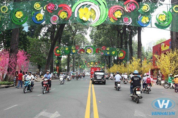 Đường Phạm Ngọc Thạch, phía trước Nhà văn hoá Thanh niên TP.HCM, được trang trí rực rỡ với một bên hàng cây hoa đào, một bên mai vàng, thu hút rất đông người dân đến chụp ảnh.