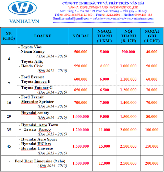 Bảng giá cho thuê xe giá rẻ đi du lịch của công ty Vân Hải tại Hà Nội