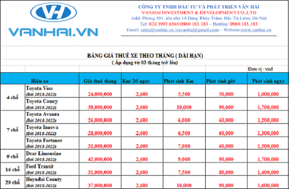 Bảng giá thuê xe theo tháng của công ty Vân Hải