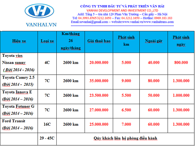 Bảng giá cho thuê xe theo tháng của công ty Vân Hải