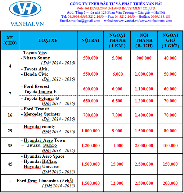 Giá cho thuê xe của công ty Vân Hải