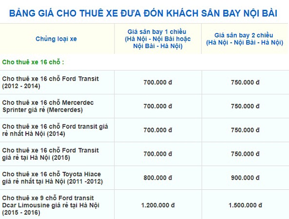 Bảng giá cho thuê xe của công ty Vân Hải