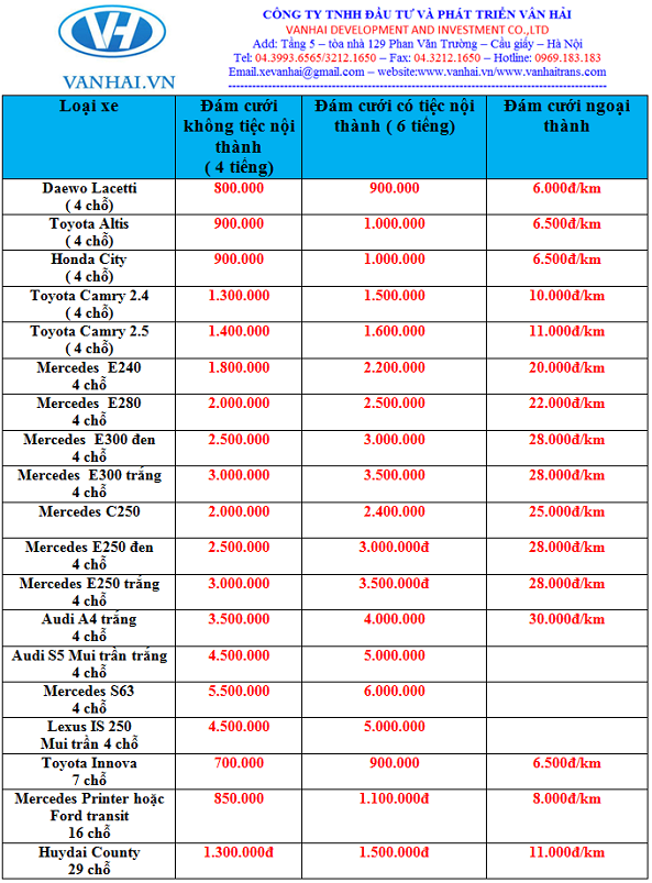 Bảng giá cho thuê xe xe du lịch rẻ của Vân Hải