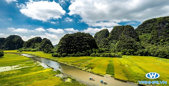 Đi  thuyền quanh khu Tam Cốc để chiêm ngưỡng những cánh đồng lúa tuyệt đẹp.