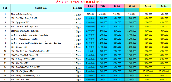 Bảng giá cho thuê xe du lịch lễ hội của công ty Vân Hải
