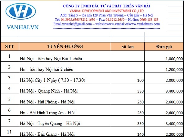Bảng giá cho thuê xe Fuso Rosa 19 chỗ của công ty Vân Hải