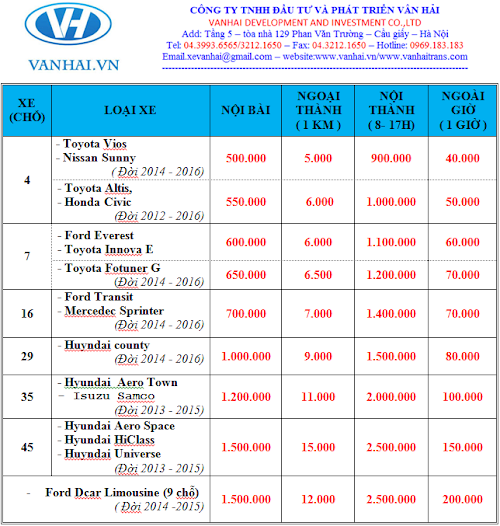 Bảng giá cho thuê xe du lịch các loại của công ty Vân Hải