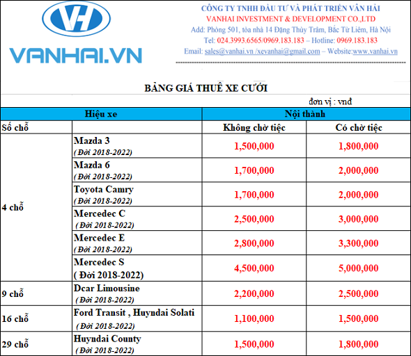 Bảng giá dịch vụ cho thuê xe cưới hỏi của công ty Vân Hải