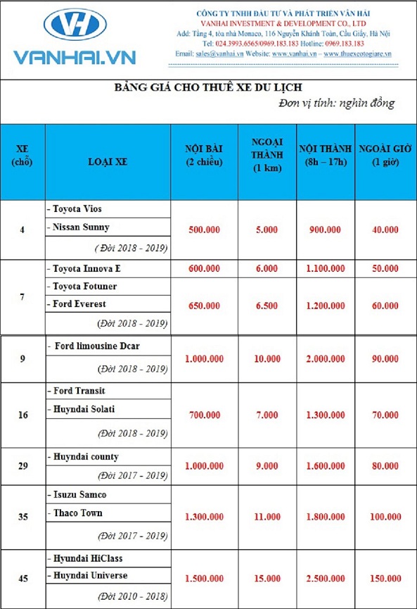 Bảng giá cho thuê xe du lịch giá rẻ của Vân Hải