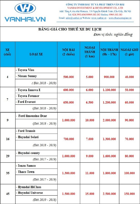 Bảng giá thuê xe giá rẻ nhất của công ty Vân Hải